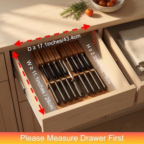 In Drawer Knife Block Acacia Wood Kitchen Knives Drawer Organizer Large