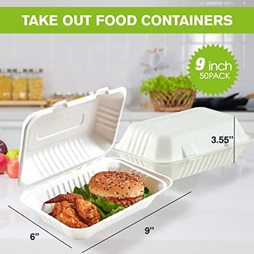 ECOLipak 75 Pack Compostable Clamshell Take Out Food Containers, 9x6 inch