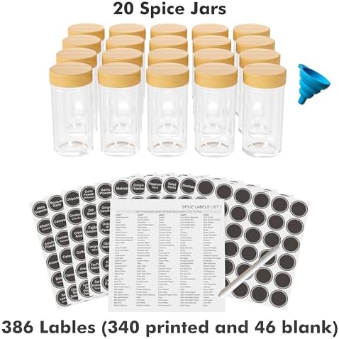 New England Stories Revolving Spice Rack Set with 20 Spice Jars, Kitchen Spice Tower Organizer for Countertop or Cabinet - Carousel Storage Includes 386 Spice Labels (Bamboo)