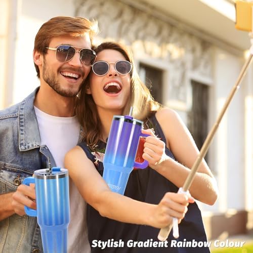 30 oz Shiny Tumbler with Handle and Straw,Stainless Steel Tumbler with Lid and Straw,Insulated Travel Mug(Cold for 34 Hours),Water Bottle for Iced Tea,Coffee (Blue)