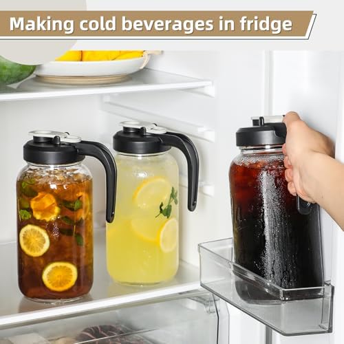 Glass Pitcher with Lid - 2 Quart Mason Jar Pitcher with Filter Lid, Wide Mouth Jar Leak-proof Water Jug, Heavy Duty Container for Water, Juice, Milk, Tea, Iced Coffee, and Drinks - Set of 3