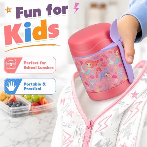 10oz Soup Thermo for Hot Food Kids,Lunch Thermo Kids Food Jar with Spoon Hot Insulated Food Containers,Leak Proof Stainless Steel Wide Mouth Lunch Thermo Jar for School(Pink-Mermaid)