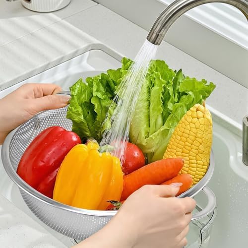 3-Piece Stainless Steel Colander Set with Handles - 5Qt/3Qt/1Qt Nesting Strainers for Pasta, Veggies, Fruit Drainage, Durable Micro-Hole Mesh for Fast Water Flow