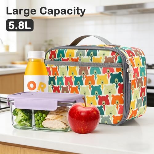 FlowFly Kids Lunch box Insulated Soft Bag Mini Cooler Back to School Thermal Meal Tote Kit for Girls, Boys, Bear