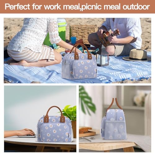 Lunch Bag for Women, Insulated Lunch Box for Women Men Work Adult, Cute Lunch Tote Large Capacity Reusable Cooler Containers for Picnic Travel Office or Beach (Blue Daisy)