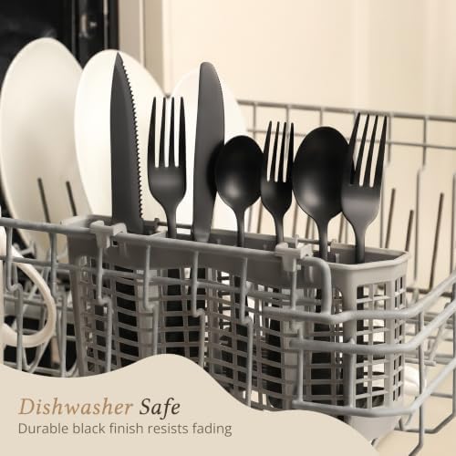 Hiware 48-Piece Black Silverware Set for 8, 18/8 Stainless Steel Flatware Cutlery Set with Forks, Knives, Spoons, Steak Knives, Durable and Elegant Design Utensils Tableware - Dishwasher Safe