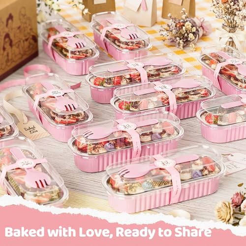 100 Pack Mini Loaf Pans with Lids and Spoons, 6.8oz Mini Cake Pans for Baking, Disposable Rectangle Aluminum Foil Small Loaf Baking Pans Cake Tins, Individual Small Cake Containers with Sticker, Pink