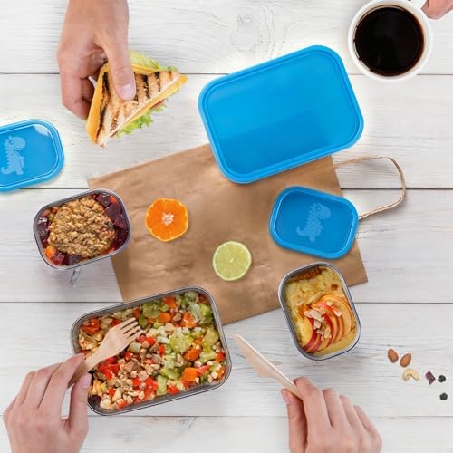 Tanjiae 3 CUP+1 CUP Stainless Steel Lunch Snack Containers Set | Leak Proof 304 Stainless Steel Food Containers with Silicone Lids - Perfect Metal Lunch Box for Home and Travel (25oz+8oz*2)