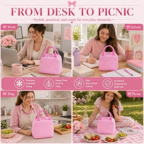 Bluboon Lunch Box for Women Cute Lunch Bag Reusable Insulated Lunch Bags Large Capacity Lunchbox Cooler for Work Picnic or Travel Gifts (Pink White checker, 10 x 7.5 x 8 inches)