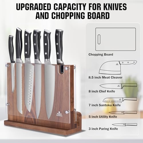 ENOKING Magnetic Knife Block 12.2 x 9.3", Double Sided Magnetic Knife Holde with Knife Sharpener, Acacia Wood Magnetic Knife Stand with Acrylic Shield for Kitchen Countertop
