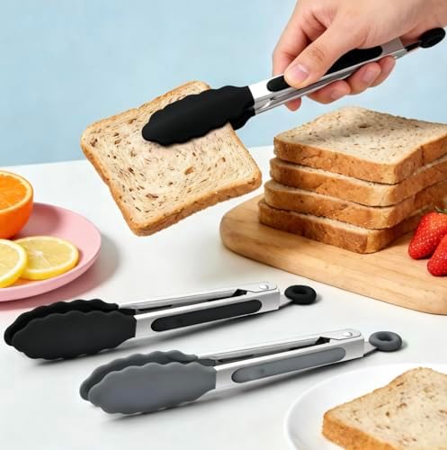 6PCS 7-Inch Silicone Tongs Set, Stainless Steel Tongs with Silicone Tips