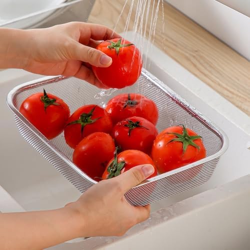 18/8 Stainless Steel Fine Mesh Strainer Basket with Feet, Rectangular Colander for Vegetables, Fruits, Pasta, Noodles – Rustproof, Durable & Easy to Clean (12.2 inch)