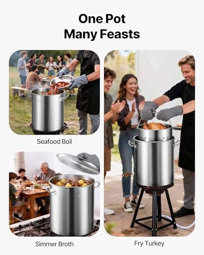 VEVOR Stainless Steel Stockpot, 42 Quart Large Cooking Pots, Cookware Sauce Pot with Strainer, Lid, and Handle, Heavy Duty Commercial Grade Stock Pot, Sanding Treatment, for Large Groups Events Silver