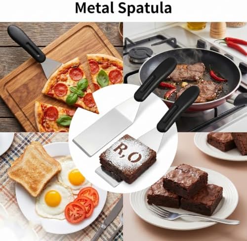 Metal Spatula for Cast Iron Skillet, 7.9 Inch Small Metal Spatula Stainless Steel Flat Top Spatula with Silicone Metal Turner Spatulas for Pancakes, Eggs, Griddle Scraper, BBQ or Desserts
