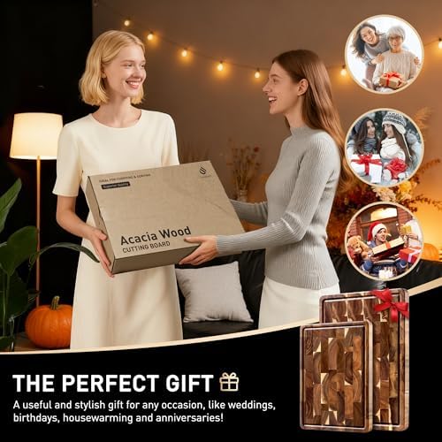 End Grain Cutting Board Set of 2 with Non-slip Feet, Acacia Wood