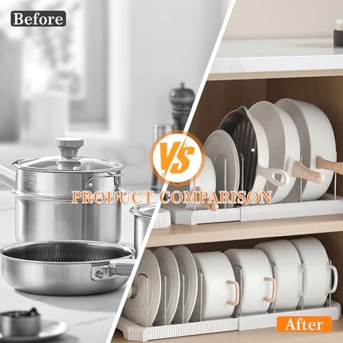 2 Pack Expandable Pots and Pans Organizer Under Cabinet, 13-22" Kitchen Cabinet Organizer with 10 Adjustable Dividers and 10Pcs Pot Protectors for Lids, Baking Sheets & Cookware (2, White)