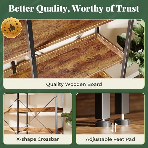 Huuger 6 Tier Bookshelf with 12 Open Shelves and Raised Baffle, Rustic Brown