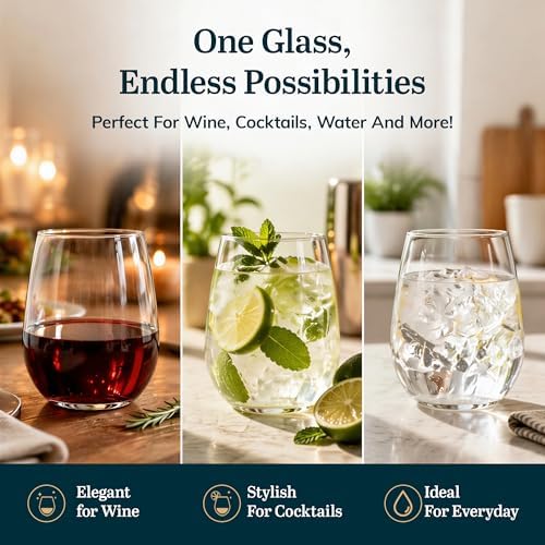 Libbey Stemless Wine Glasses Set of 12, Dishwasher Safe Set Of Wine Glasses, Perfect for Cocktails, Water, and Outdoor Glassware