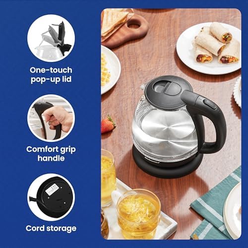 Elite Gourmet EKT1001 1.0L Glass Kettle, 1100W, Cordless Base, Black