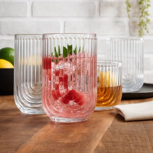 Glaver's 8-Piece Drinking Glass Set, Art Deco Ribbed Arch Glassware, Clear U-Shape Design, 17oz Highball and 11oz DOF Glasses Kitchen Glasses
