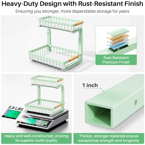 Kitstorack Under Sink Organizer, 2 Tier Under the Sink Storage, Slide out Pull out Cabinet Organizer Shelf, Metal Sliding Drawer for Kitchen Bathroom Pantry Closet Organization Rack, Green, 1 Pack