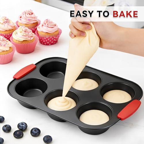 Jumbo Muffin Pan with Silicone Handles, Non Stick 6 Tin Muffin Top Pan