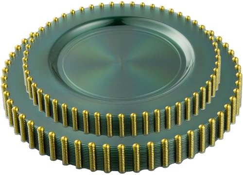 PLASTICPRO 128 Piece Combo Plastic Dinner Plates Disposable Plastic Fancy Heavy Duty Party Dishes 7 inch and 10 inch, Translucent Green and Gold Beaded