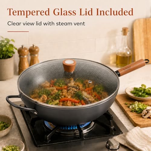 12.6 Inch Carbon Steel Wok with Lid, Flat Bottom Induction Wok Pan, Non-Coated Stir Fry Wok Skillet with Helper Handle, Gas Electric Ceramic Halogen Compatible, Includes Iron Wok Spatula