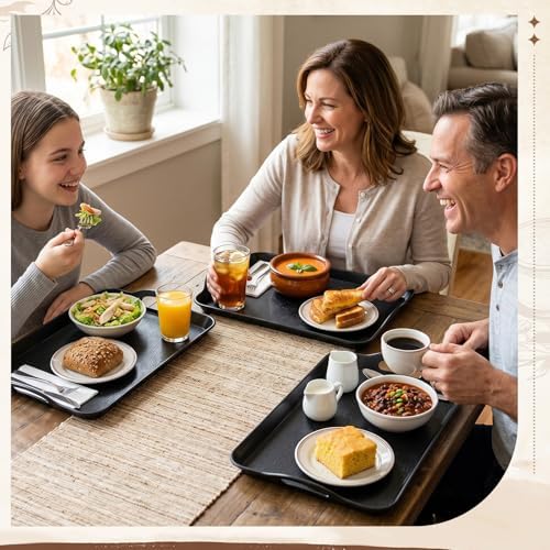 Kathfly 12 Pack 16" x 11" Serving Trays with Handles, Plastic Tray, Black