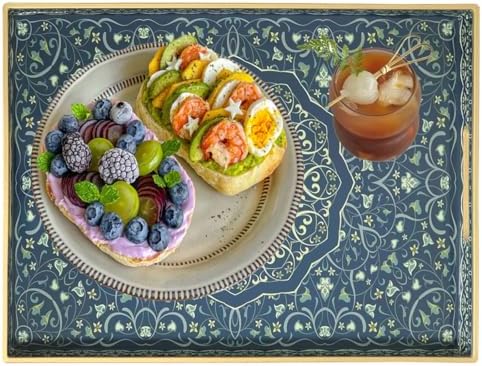 Decorative Tray, Blue Serving Tray with Handles, Ottoman Trays, Plastic Coffee Table Tray for Living Room, Bathroom, Kitchen, Decor, 15.7”*11.8”
