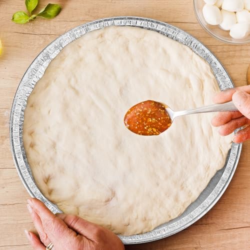 15 Pack Disposable Pizza Pans 12IN, Oven Safe, Aluminium Foil Serving Platters/Trays for Parties, Silver Embossed Foil Serving Dishes/Plates for Vegetable, Fruit, Slices of Cake, Cookies