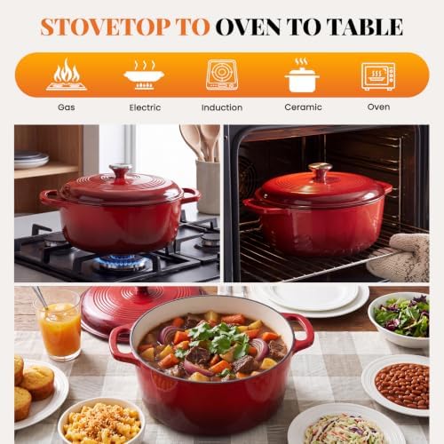 Sweetcrispy 6 Qt Enameled Cast Iron Dutch Oven Pot with Lid, Red