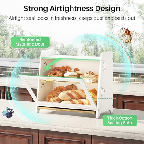 SNTD Airtight Bread Box for Kitchen Countertop, Bamboo Cutting Board, White