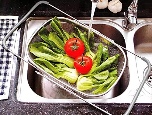 AJIODA Over The Sink Colander, 6 Quarts Stainless Steel Oval Colander with Expandable Rubber Grip Handle, Fine Mesh Strainer Baskets Kitchen Colanders for Strain, Drain, Rinse Vegetables, Fruits, Grey
