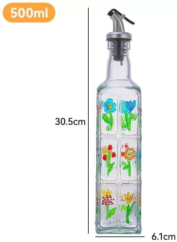 Glass Olive Oil Bottle Dispenser with Stainless Steel Nozzle Plug, 500ml Flowers Bouquet Embossed Square Oil and Vinegar Cruet, Decorative Oil Dispensers Carafe Decanter for Kitchen, 16.9 oz(Colorful)