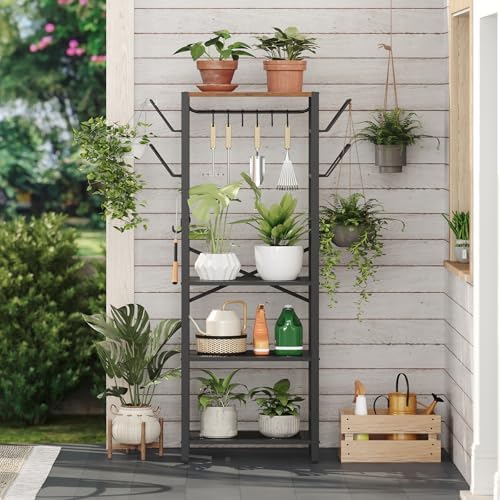 MAHANCRIS 4-Tier Pot Rack, Pots and Pans Organizer for Kitchen Corner, Kitchen Storage Rack with U-Shaped Lid Holders, Freestanding Cookware Stand, Rustic Brown and Black POHR3001