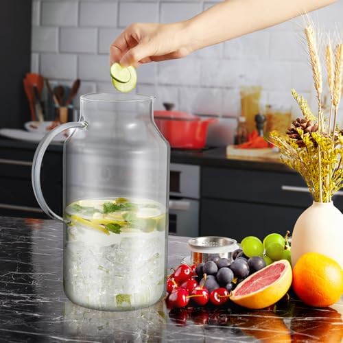 Bivvclaz 1 Gallon Glass Pitcher with Lid and Handle, Water Pitcher for Fridge, Glass Carafe for Hot/Cold Water, Large Iced Tea Jug for Coffee, Juice and Homemade Beverage (Pack of 2)