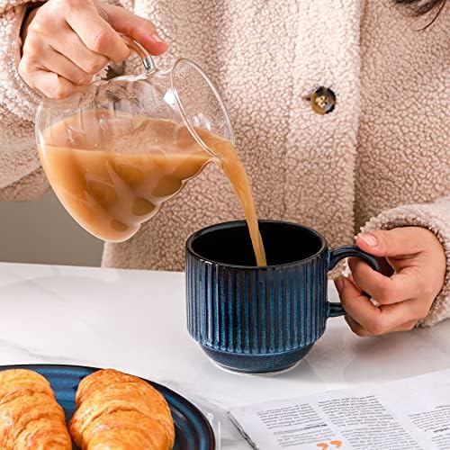 HASENSE 15 Oz Ribbed Stackable Coffee Mug Set of 4, Ceramic Latte Cups with Metal Stand, Dishwasher & Microwave Safe, Navy Blue for Cappuccino Tea Hot Cocoa