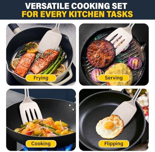 2 Pack Silicone Spatula Set, Solid & Slotted Turner for Non-Stick Pans, High Heat Resistant Silicone Spatula for Cooking, BPA-Free Stainless Steel Cooking Utensils for Fish, Eggs, Pancakes, Khaki