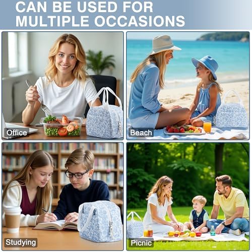 TESAFNG Lunch Bag - Insulated Lunch Box for Women, Reusable Large Capacity Cooler Bag for Adult, Small Leakproof Cute Corduroy Lunch Tote for Work Office Travel Picnic (Corduroy Blue-Flower)