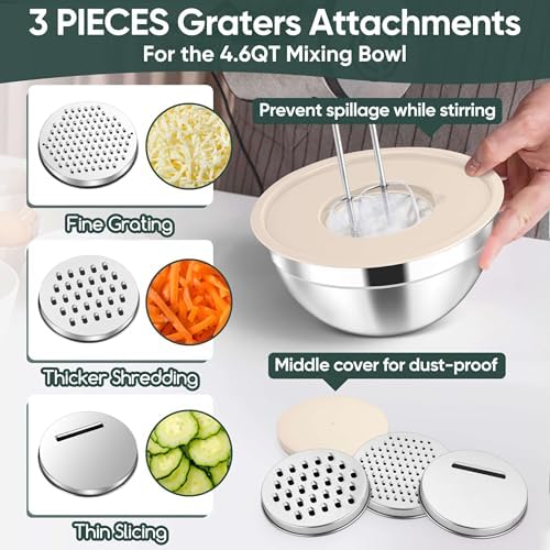 Herogo 5-Piece Nesting Mixing Bowls with Lids, 3 Grater Attachments, Khaki