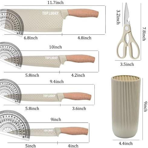 Knife Set, Wiztoynia 6-Piece Khaki Kitchen Knife Set for Home, Anti-Rust Non-stick Stainless Steel Sharp Chef Knife Sets with Universal Knife Block for Kitchen, Ergonomical Design (Khaki)