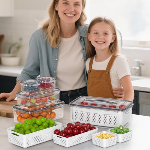 Anysig 5 Pack Fridge Fruit Storage Containers with Colander & Handle Lids