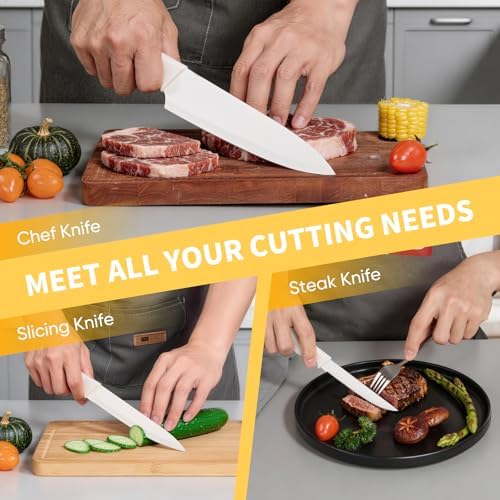 E-far Knife Set, 15-Piece Kitchen Knife Block Set with Sharpener, White