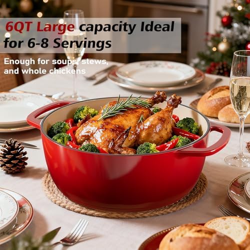 Umite Chef 6QT Enameled Cast Iron Dutch Oven with Lid, Versatile Heavy-Duty Cookware Pot for Baking Bread, Braising, Soups & Stews, Oven & Stovetop Safe with Heat Resistant Gloves(Red)