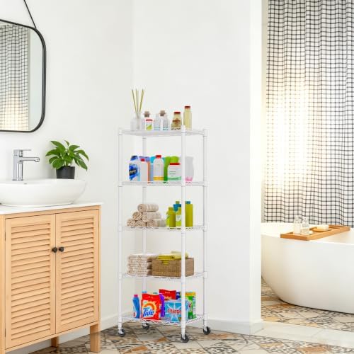 REGILLER 5-Wire Shelving Metal Storage Rack Adjustable Shelves,Standing Storage Shelf Units for Laundry Bathroom Kitchen Pantry Closet(White,11.8" D x 16.6" W x 53.5" H,With Wheels)