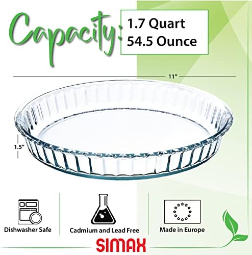 Simax Glass Pie Pan, 11 Inch Round Pie Plate, Glass Baking Dish, Fluted Pie Holder, Oven Safe Tray, Borosilicate Glass