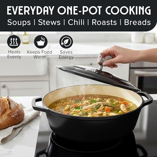 MUELLER HOME 5.5 Quart Enameled Cast Iron Oval Dutch Oven with Rooster Knob & Cotton Potholders, Heavy-Duty Cookware, Oven-Safe up to 500° F & Across All Cooktops, Gifts for Grandma & Women, Black
