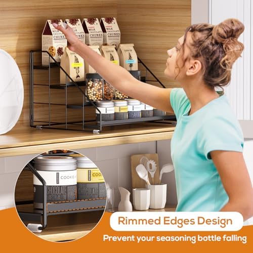 4 Tiered Spice Rack Organizer, 2 Pack Spice Rack Organizer for Cabinet, Tiered Adjustable Spice Shelf for Kitchen Countertop Pantry Organization (Carbon Black)