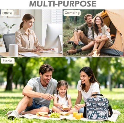 FlowFly Double Layer Cooler Insulated Lunch Bag Adult Lunch Box Large Tote Bag for Men, Women, With Adjustable Strap,Front Pocket and Dual Large Mesh Side Pockets